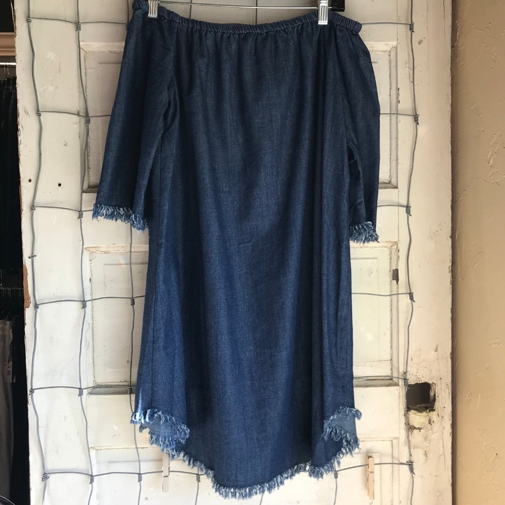 NWT Umgee Denim Frayed Hem Off Shoulder Dress - Picture 4 of 6